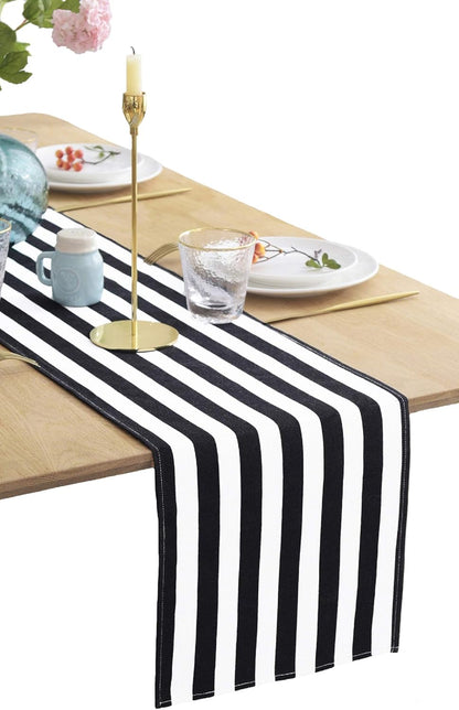 BOXAN Classic Black and White Striped Table Runner - 12'' X 48'' Elegant Cotton Canvas Decor for Wedding Party