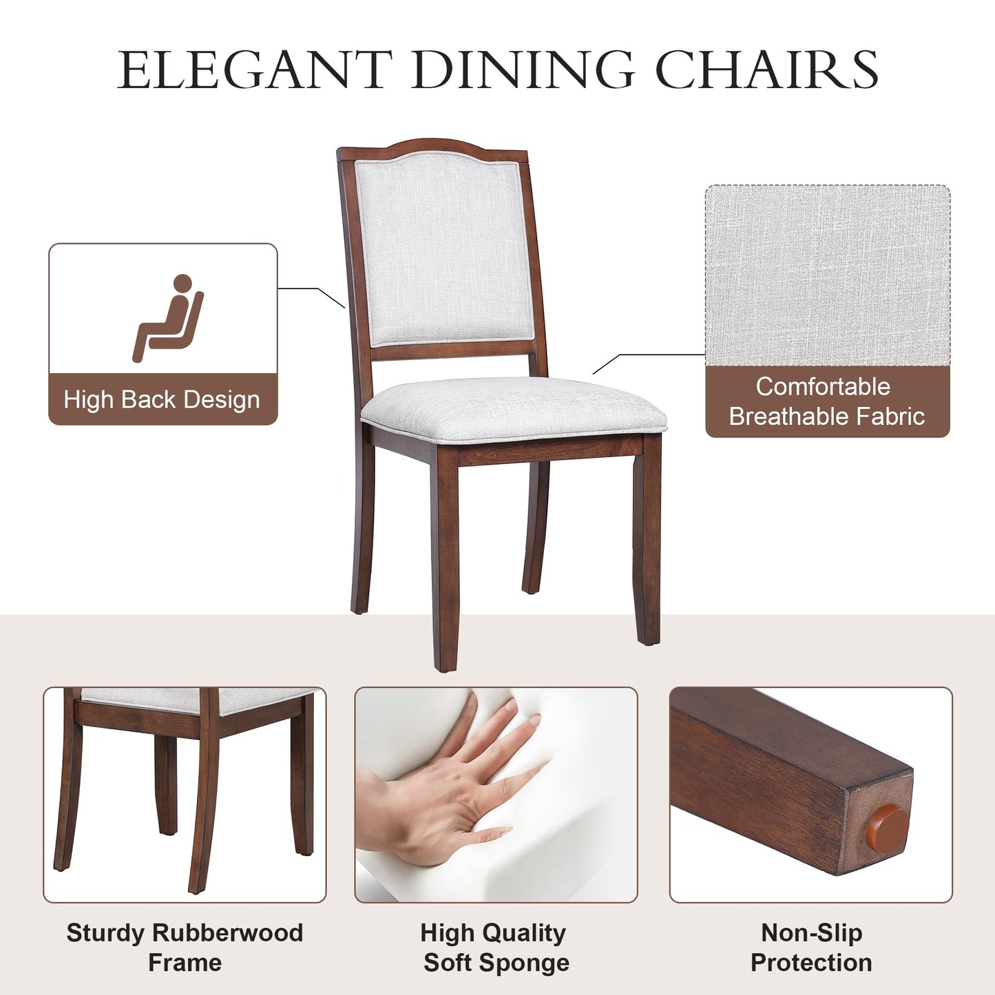Ball & Cast Farmhouse Dining-Chairs Set of 4, High Back Wood Frame Dining Room Chair with Padded Seat, Modern Upholstered Kitchen Island Seating, 4 Pack Mid-Century Chairs, Cherry&Beige