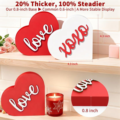 OLANRUN Valentines Day Decorations - 2 Pack Wooden 3D XOXO Love Heart Sign - 4.35 Inch Valentines Day Table Decor - Valentine Decorations for Home Office Bedroom Mantel Tiered Tray Shelf (Red White)