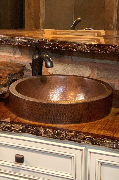 Premier Copper Products VR15SKDB 15-Inch Round Skirted Vessel Hammered Copper Sink
