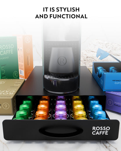 ROSSO CAFFÈ Coffee Capsule Drawer Organizer Compatible with Nespresso Original Machines, Holds 45 Capsules, Space-Saving Countertop Storage, Sleek Design