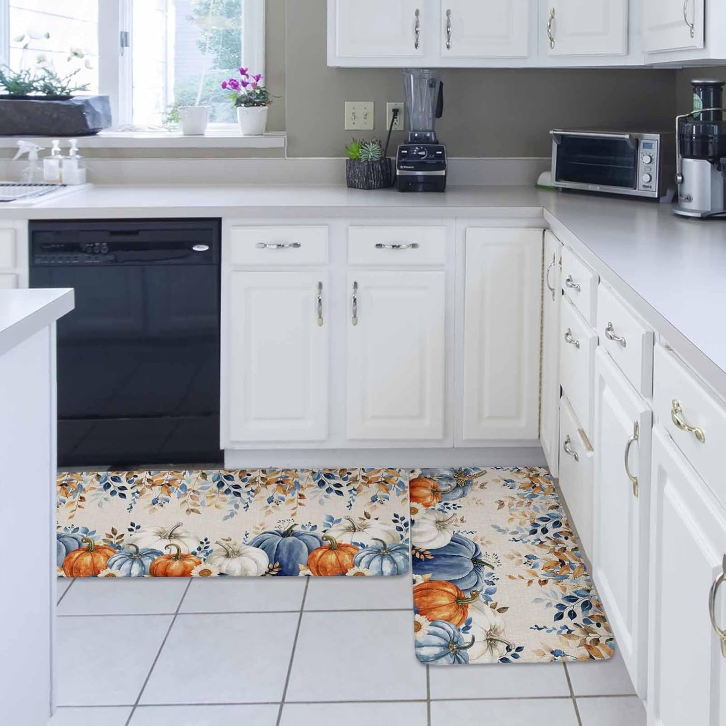 Blue Pumpkins Fall Kitchen Rugs and Mats Set, Thanksgiving Non-Slip Bathroom Rug with Eucalyptus Leaves Botanical