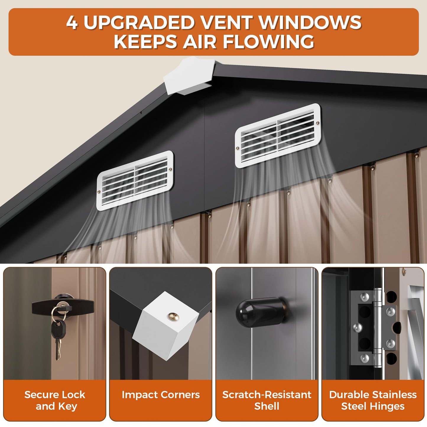 IRONCK 8x6FT Outdoor Storage Shed with Clear Window, Tool Shed with Breathable Vent and Lockable Doors, Metal Garden Storage for Poolside, Patio, Backyard, Brown