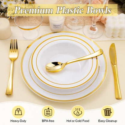 BESTSTAR 50 Pack Disposable Soup Bowls with Gold Rim, 12oz Premium Heavy Duty Plastic Dinner Bowls for Party, Wedding and Holiday
