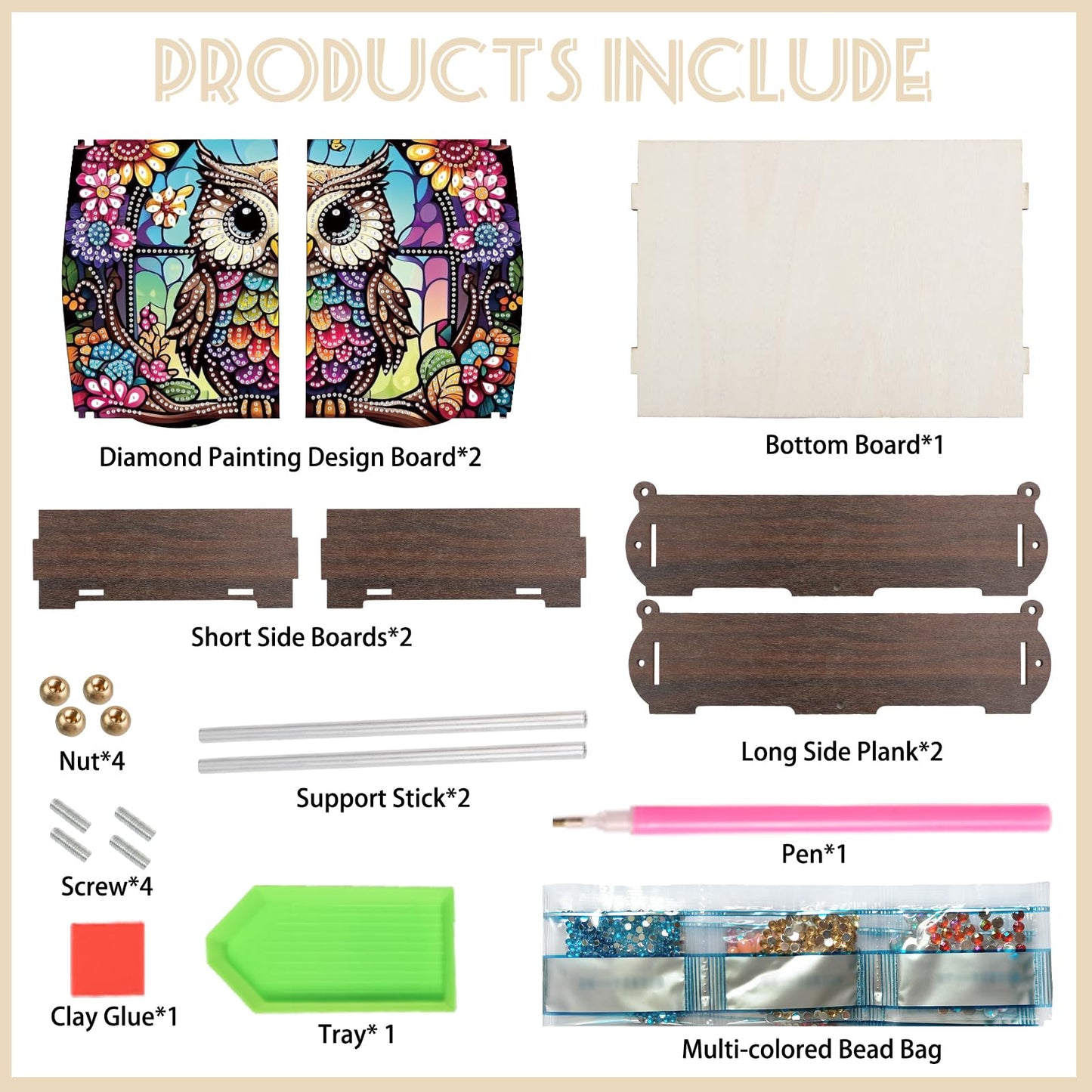 antor DIY Diamond Painting Wooden Storage Box, Owl Creative Special Shaped Rhinestone Art Flip Cover Jewelry Organizer Gift Case, Handmade Art Desktop Decor