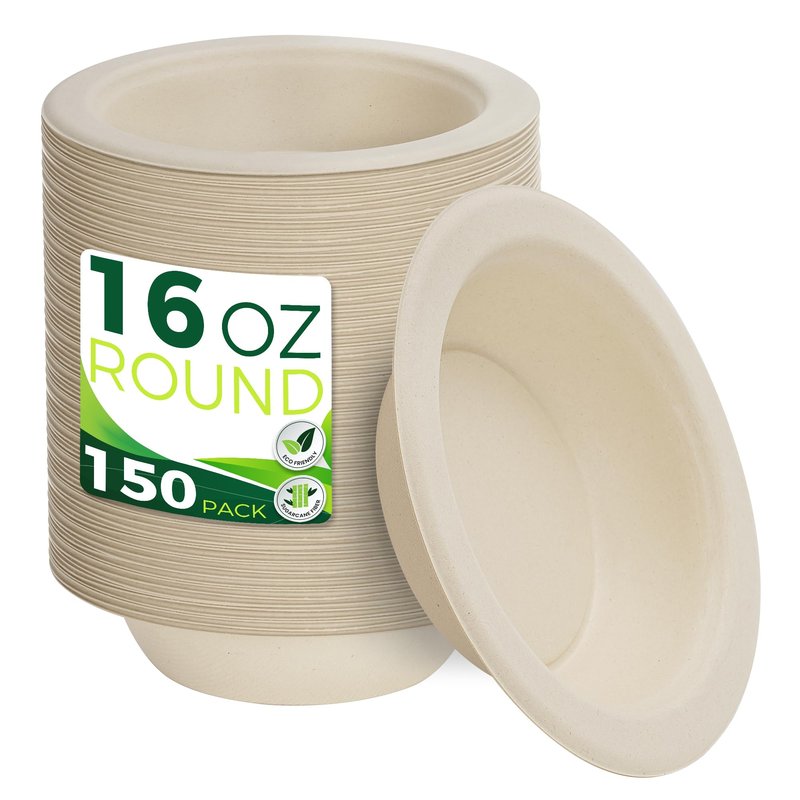BIRCHIO Paper Bowls 16 oz [150-Pack], Heavy Duty Disposable Bowls Perfect for Hot Soup and Milk Cereals, 100% Compostable and Eco-Friendly Made from Bagasse