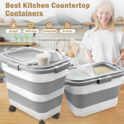 Komzon Rice Storage Container, Collapsible Airtight 10-40 Lb Rice Storage Container, 25lb Pet Dog Food Storage Container, Rice Dispenser Bin with Cup and Scoop for Flour Cereal Pasta Grain, Cat Bird