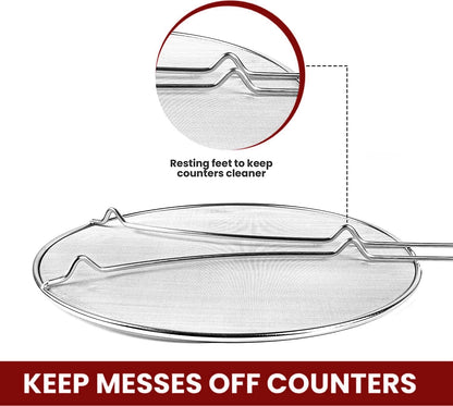 13" Grease Splatter Screen for Cooking | Stainless Steel Oil Splatter Guard and Ultra-Fine Mesh Protects Skin from Burns | Silicone Red Handle