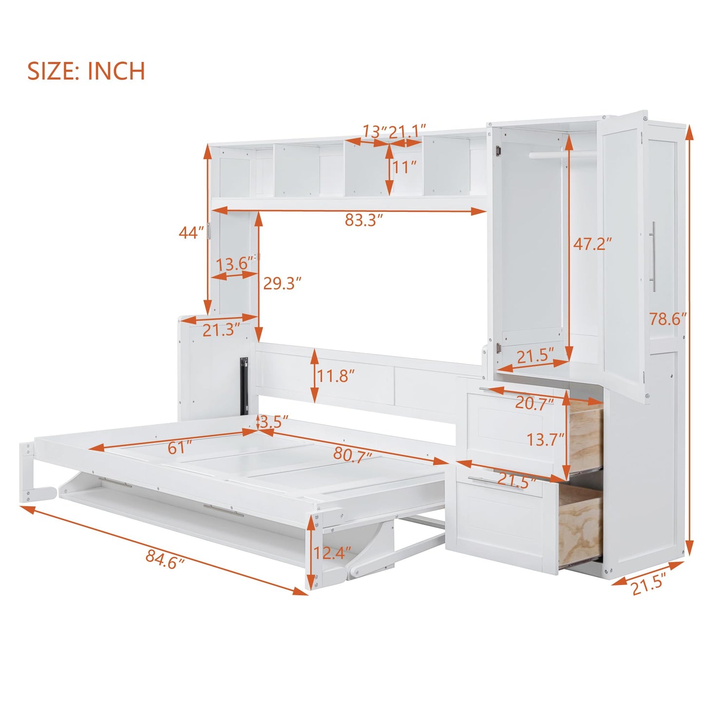 Ball & Cast Murphy Bed Queen Size Wall Beds with Closet and Storage Drawers,Wood Hideaway Platform Bedframe w/Lock,can be Folded,Easy Assembly,for Kids Bedroom,Student Dorms,White