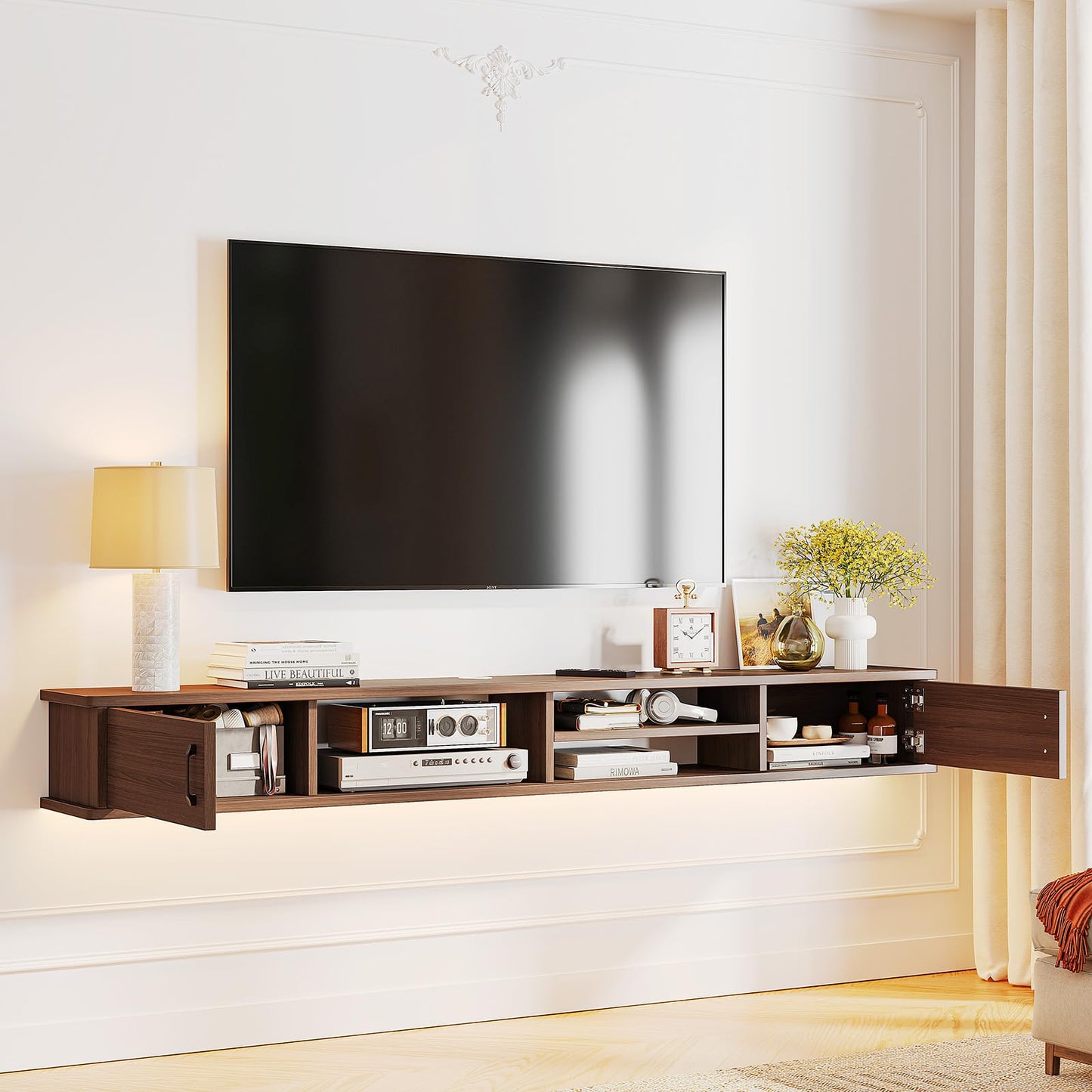 FurniNova Floating TV Stand,66'' Wall Mounted TV Console,Floating TV Shelf,Wall TV Cabinet,Floating Entertainment Shelf,Walnut