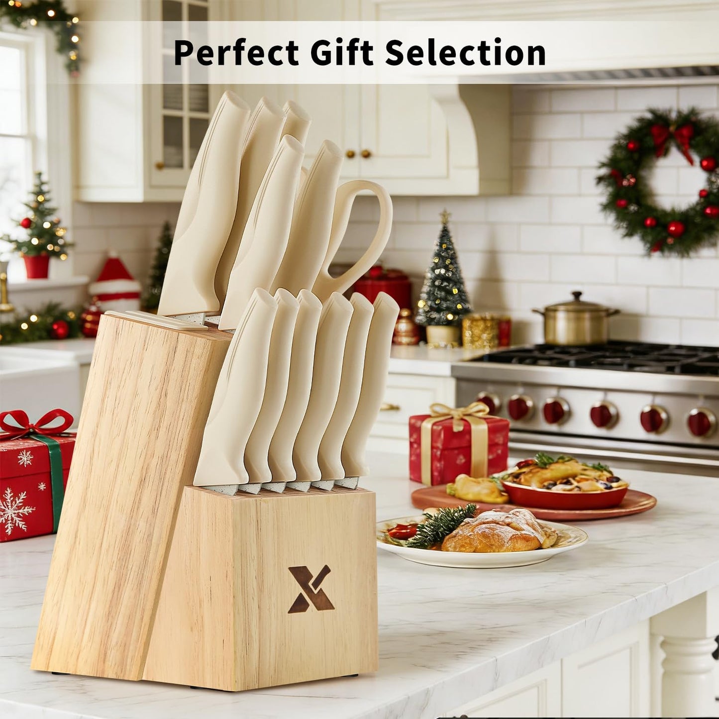 XANAPON Knife Set, Dishwasher Safe Kitchen Knife Set, CreamWhite Ergonomic Handle and Ceramic-Coated Blades, Built-in Sharpener Block, Sturdy German Stainless Steel