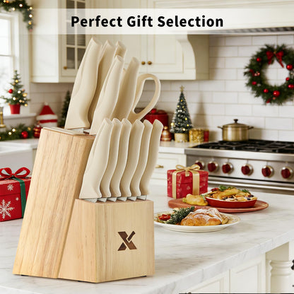 XANAPON Knife Set, Dishwasher Safe Kitchen Knife Set, CreamWhite Ergonomic Handle and Ceramic-Coated Blades, Built-in Sharpener Block, Sturdy German Stainless Steel