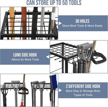 Garden Tool Organizer | Heavy-Duty Steel Holds 50 Long-Handled Tools - Easy Assembly, Black