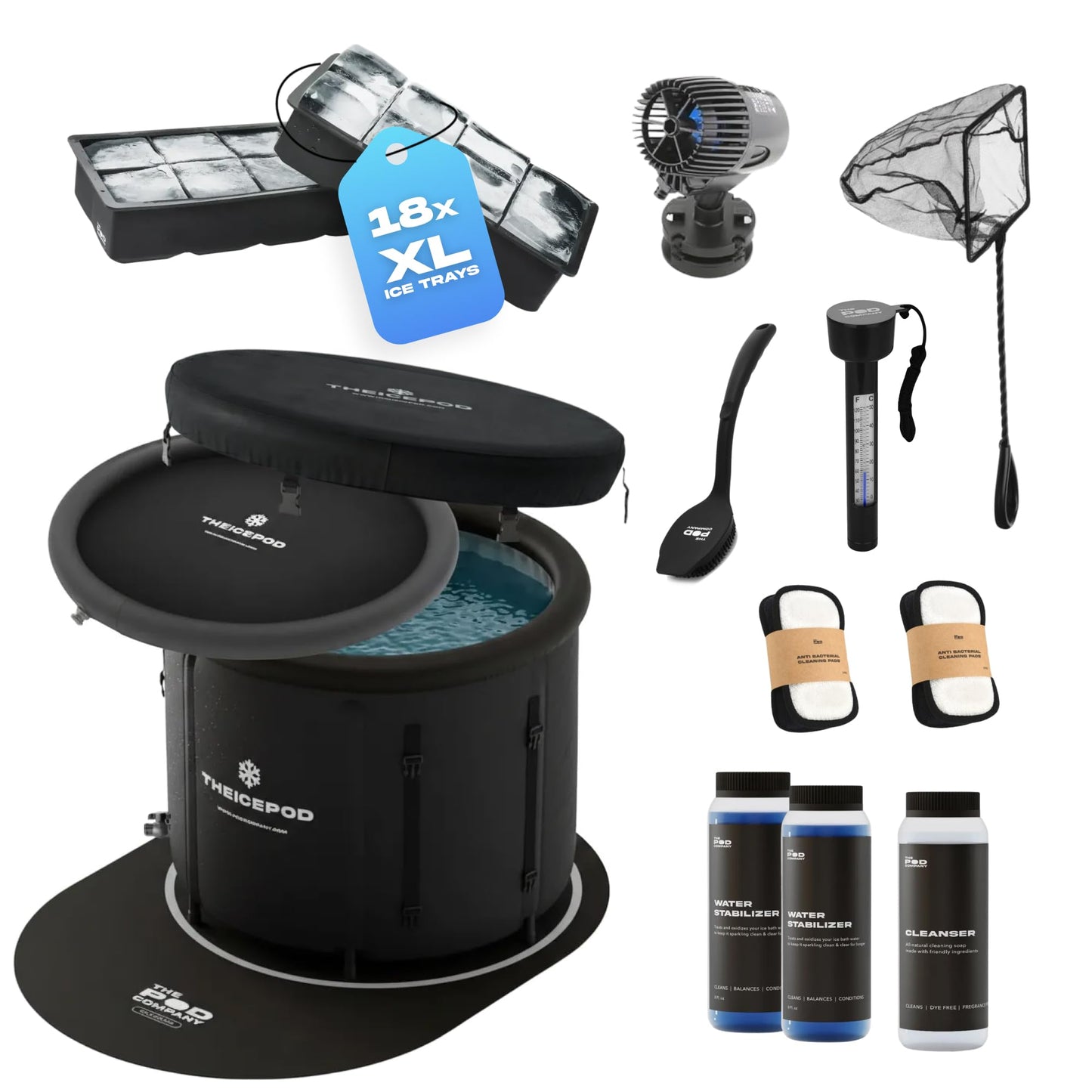 The Pod Company Standard Ice Pod Complete Cold Plunge Bundle – 84-Gallon Portable Ice Bath with 36 XL Ice Trays, Insulated Lid & Cover, Water Jet, Maintenance & Cleaning Kit, Thermometer & Floor Mat
