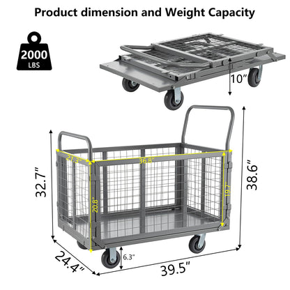 SmarketBuy Platform Truck Cart with Cage, 5 in 1 Heavy Duty Platform Carts with Cage 2000 LBS Capacity Foldable Push Cart Dolly with 5" Casters for Groceries/Garage/Warehouse