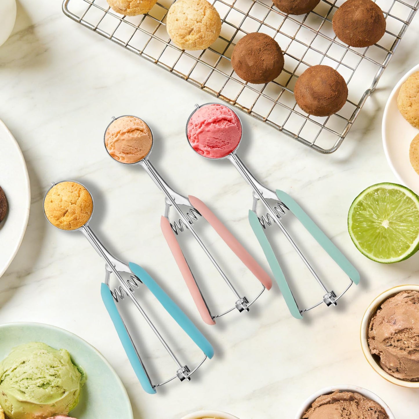 Cookie Scoop Set of 3, 18/8 Stainless Steel Cookie Dough Scoops with Blue, Pink & Green Color-Coded Grips, Small/Medium/Large (#60, #40, #20) Portion Scooper for Baking, Cupcakes & Ice Cream