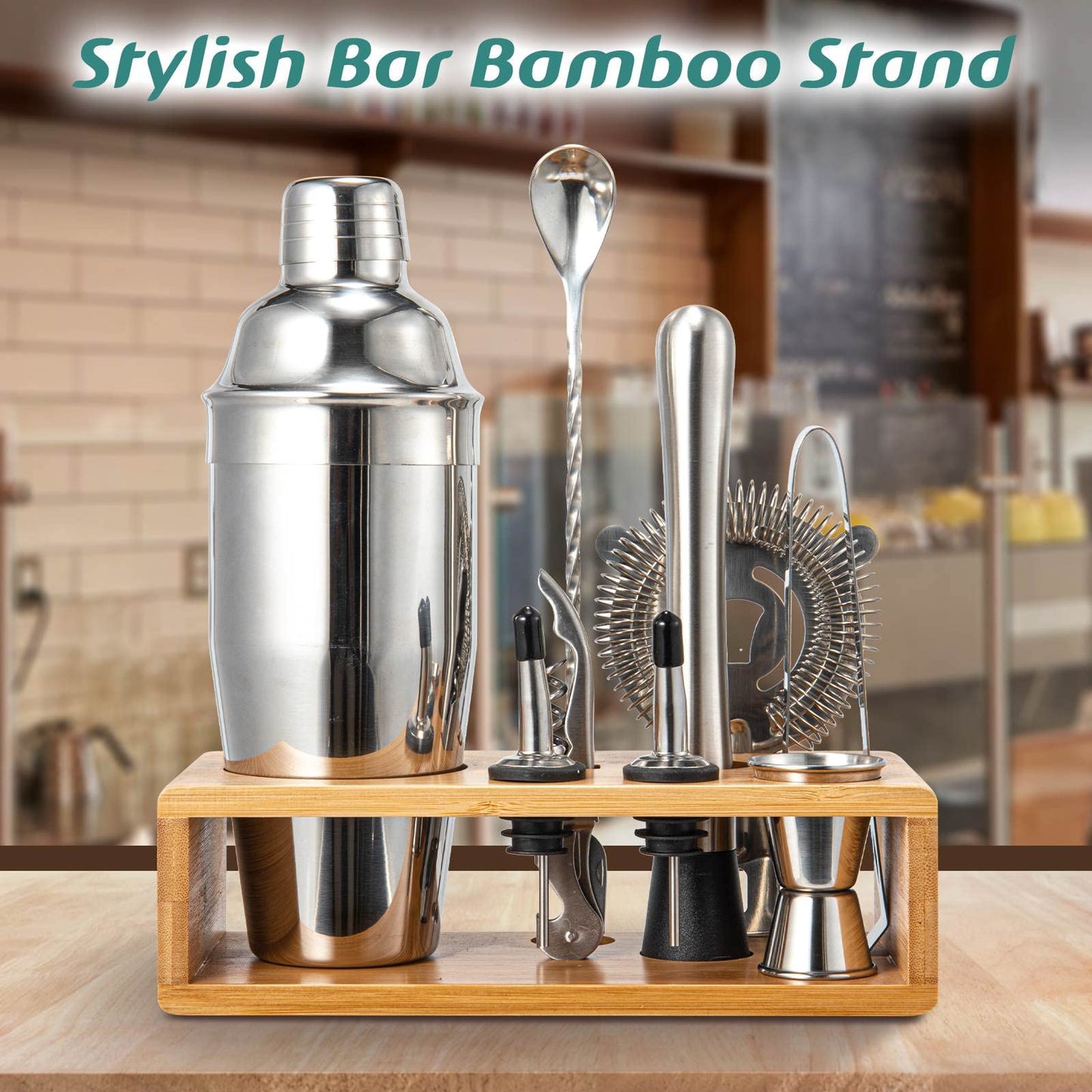 Cocktail Shaker Set, 18/8 Food-Grade Stainless Steel Mixology Bartender Kit 10-Piece Bar Tools with Stylish Bamboo Stand - Rust-Proof & Dishwasher Safe - Professional Martini Shaker Gift for Men, Dad