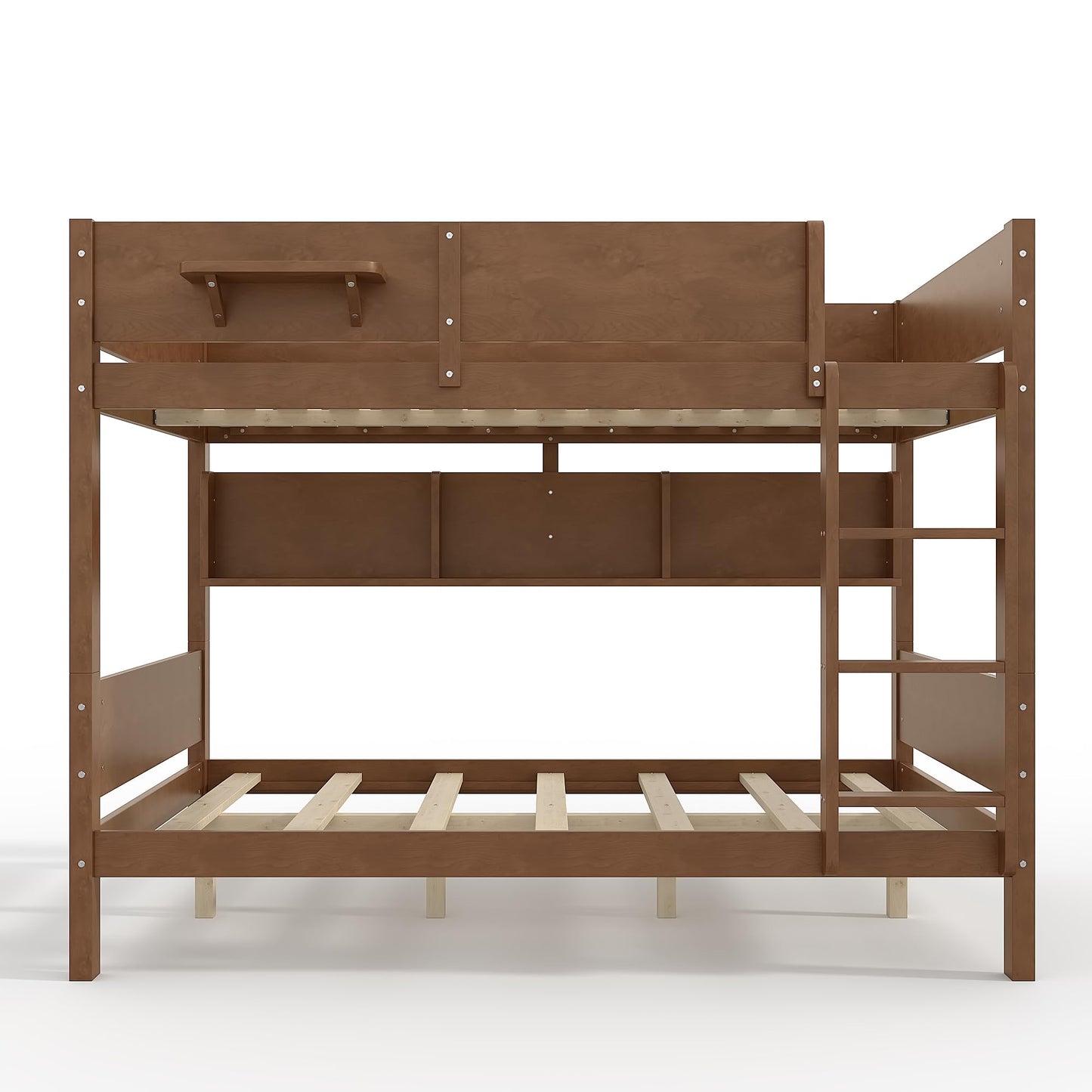 KEIKI Queen Over Queen Size Wooden Bunk Bed Frame with Convenient Tray & Built-in Storage Shelves, Detachable Bunk Bed with Solid Slats, No Box Spring Required, Easy Assembly, for Bedroom, Brown