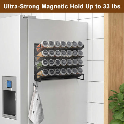 UVIAHOMI Magnetic Spice Rack Organizer for Refrigerator with 28 Spice Jars, 386 Spice Labels, 4 Hook, Chalk Marker and Funnel Set, Magnetic Shelf for Seasoning Organizer, 13.2'' W x 9.8 H, Black