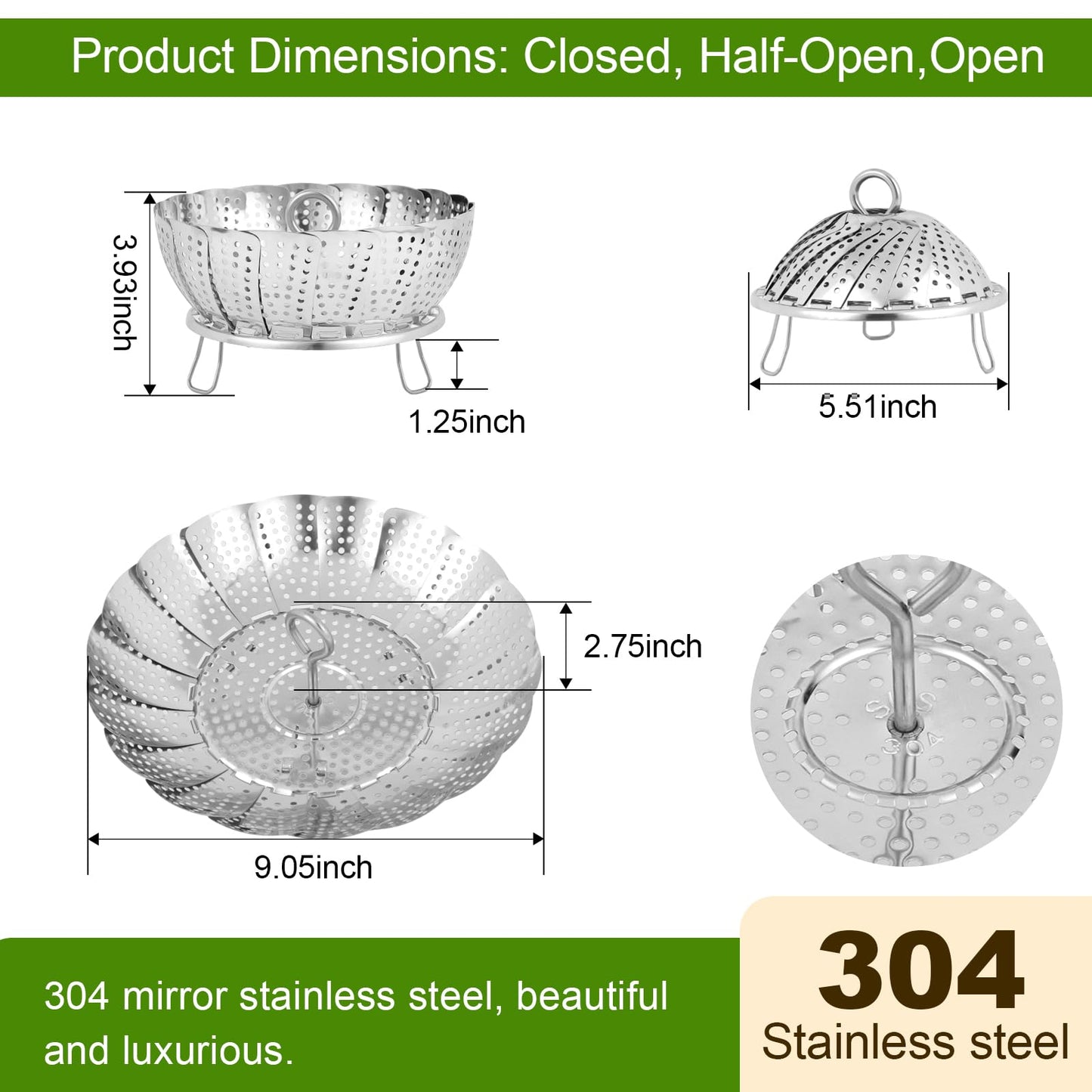 Vegetable Steamer Basket - 304 Stainless Steel Folding Steamer Basket for Cooking, Vegetables, Fish, Pasta, Eggs, Fit Various Size Pot (5.5 inches to 9 inches)
