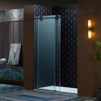 Woodbridge 56-60" W x 80" H Frameless Single Sliding Shower Door with Double Rollers,3/8(10mm) Tempered Glass with Explosion Proof Film in Matte Black Finish