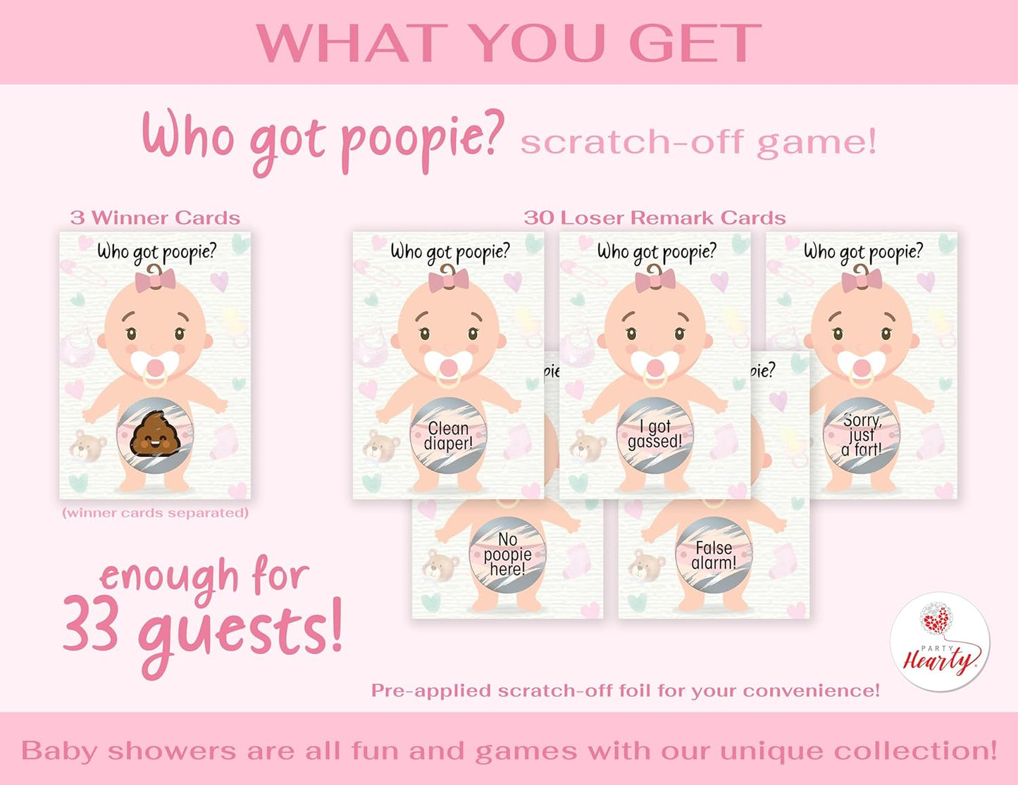 Party Hearty Baby Shower Games for Girl, 33 Poopie Emoji Scratch Off Lottery Tickets