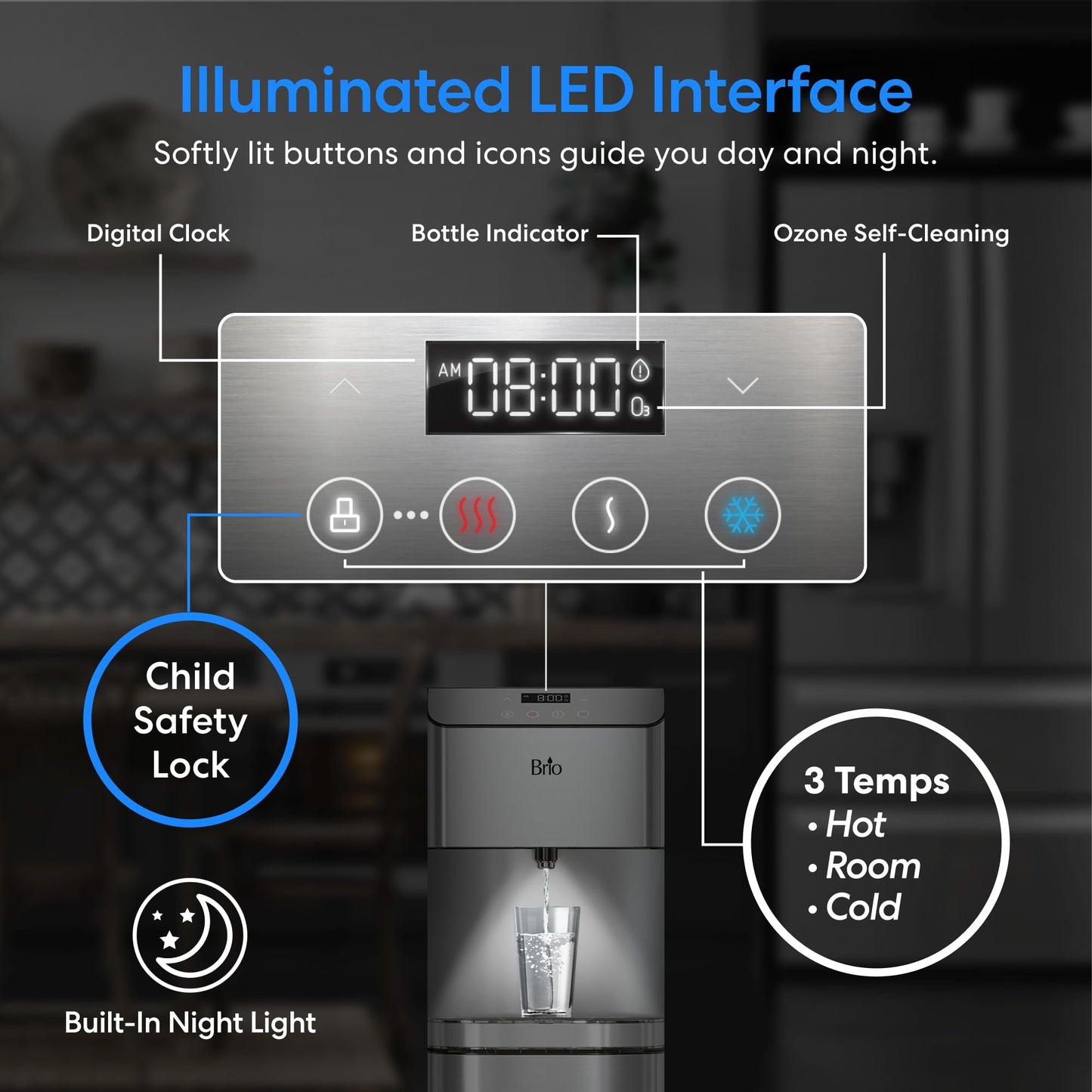 Brio Moderna Bottom Load Water Cooler Dispenser - Tri-Temp, Adjustable Temperature, Self-Cleaning, Touch Dispense, Child Safety Lock, Holds 3 or 5 Gallon Bottles, Digital Display and LED Light