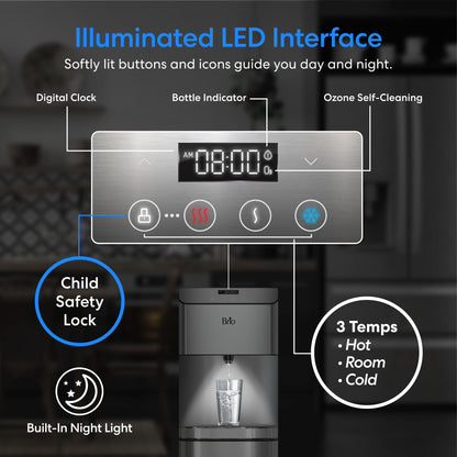 Brio Moderna Bottom Load Water Cooler Dispenser - Tri-Temp, Adjustable Temperature, Self-Cleaning, Touch Dispense, Child Safety Lock, Holds 3 or 5 Gallon Bottles, Digital Display and LED Light