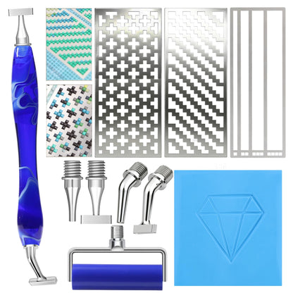 Diamond Art Pen, with 1,4,Elbow 1, 4 Angled Multiplacer Nibs, Stainless Steel Square Diamond Painting Ruler, Drilling Pen Kit with Screw Roller Tool with Putty for Diamond Art Kits for Adults (Blue)