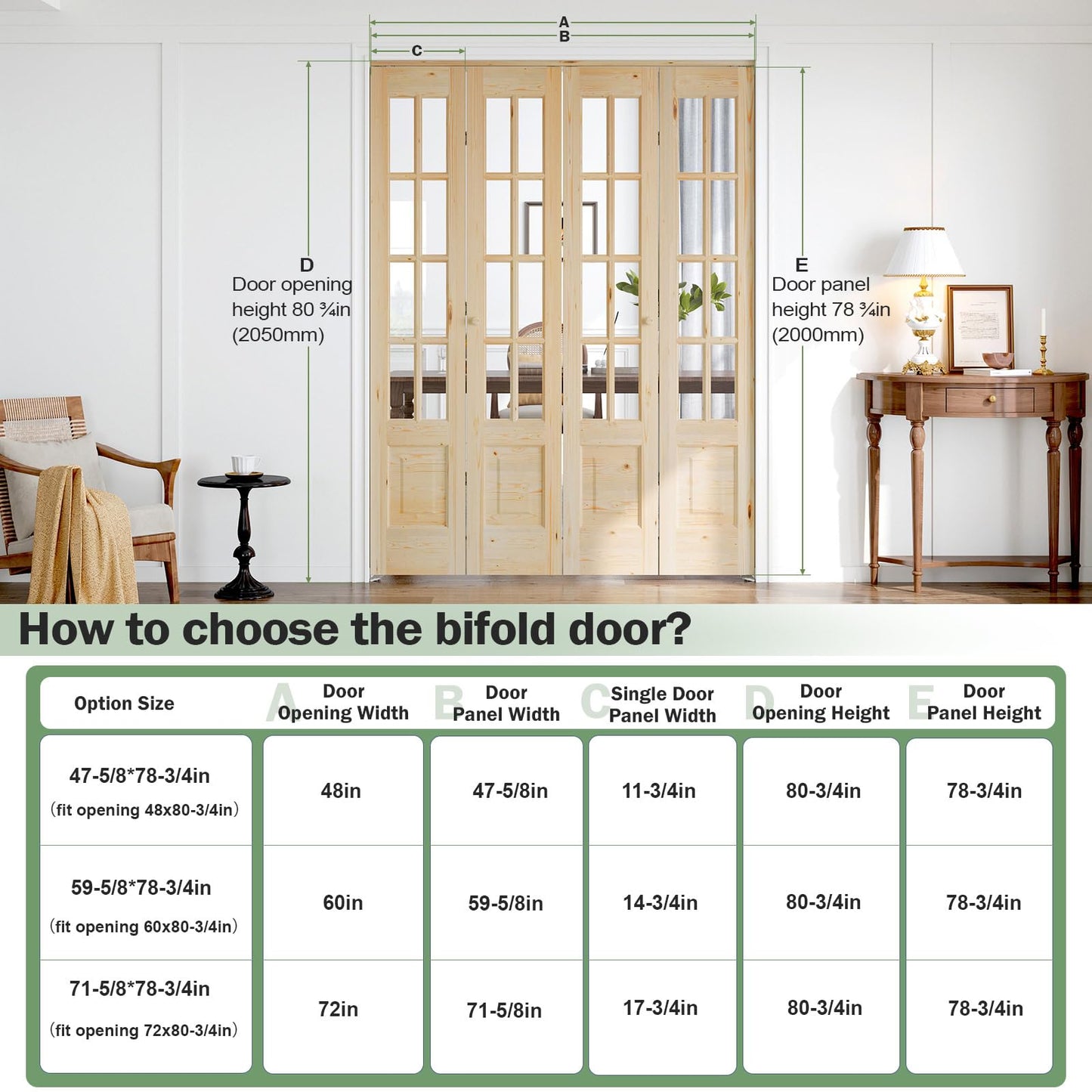 Roymelo Bifold Doors for 48"×80" (Four 12x80) Opening, Clear Glass French Interior Folding Barn Door with Concealed Hardware Kit Included, Spruce Wood Support DIY Dyeing, Preassembled Door, Save Space