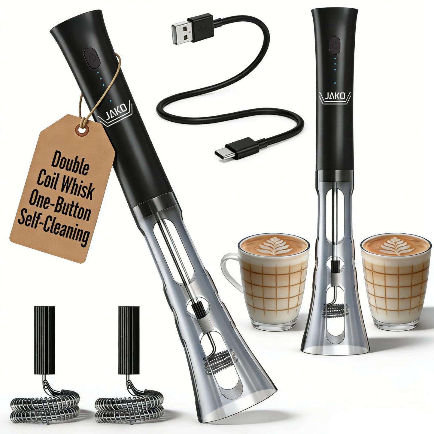 Milk Frother Handheld, Low Noise Rechargeable Frother Wand with Stand, Stainless Steel Shaft for Stability Stirrers Electric, Anti-Accidental Start Design, Coffee Mixer with 2 Double Coil Whisks