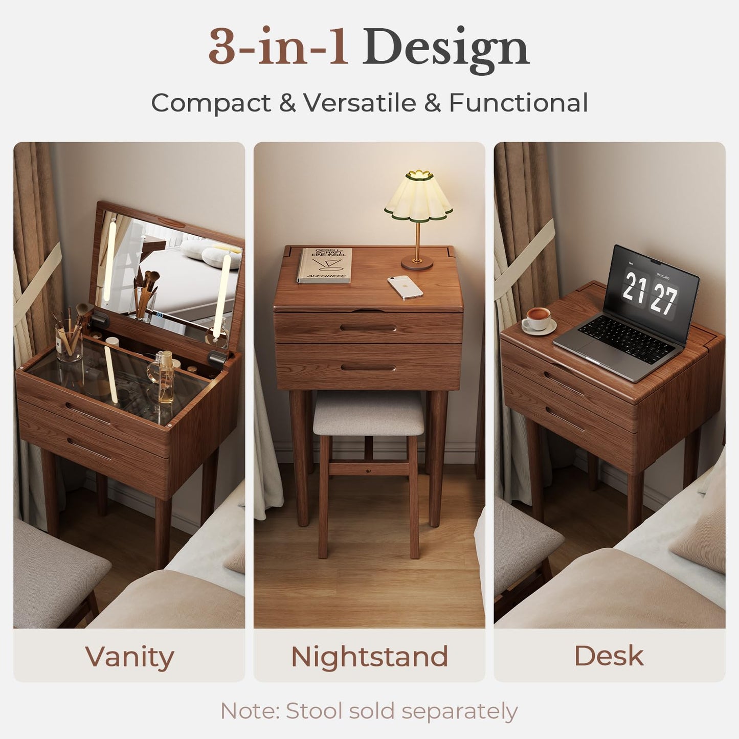 Muwuele Solid Wood Small Vanity Desk with Mirror and Lights, Narrow Makeup Vanity for Small Space, Flip Top Vanity Side Table, 3 Color Modes & Adjustable Brightness, 19.6" Slim Dressing Table, Walnut