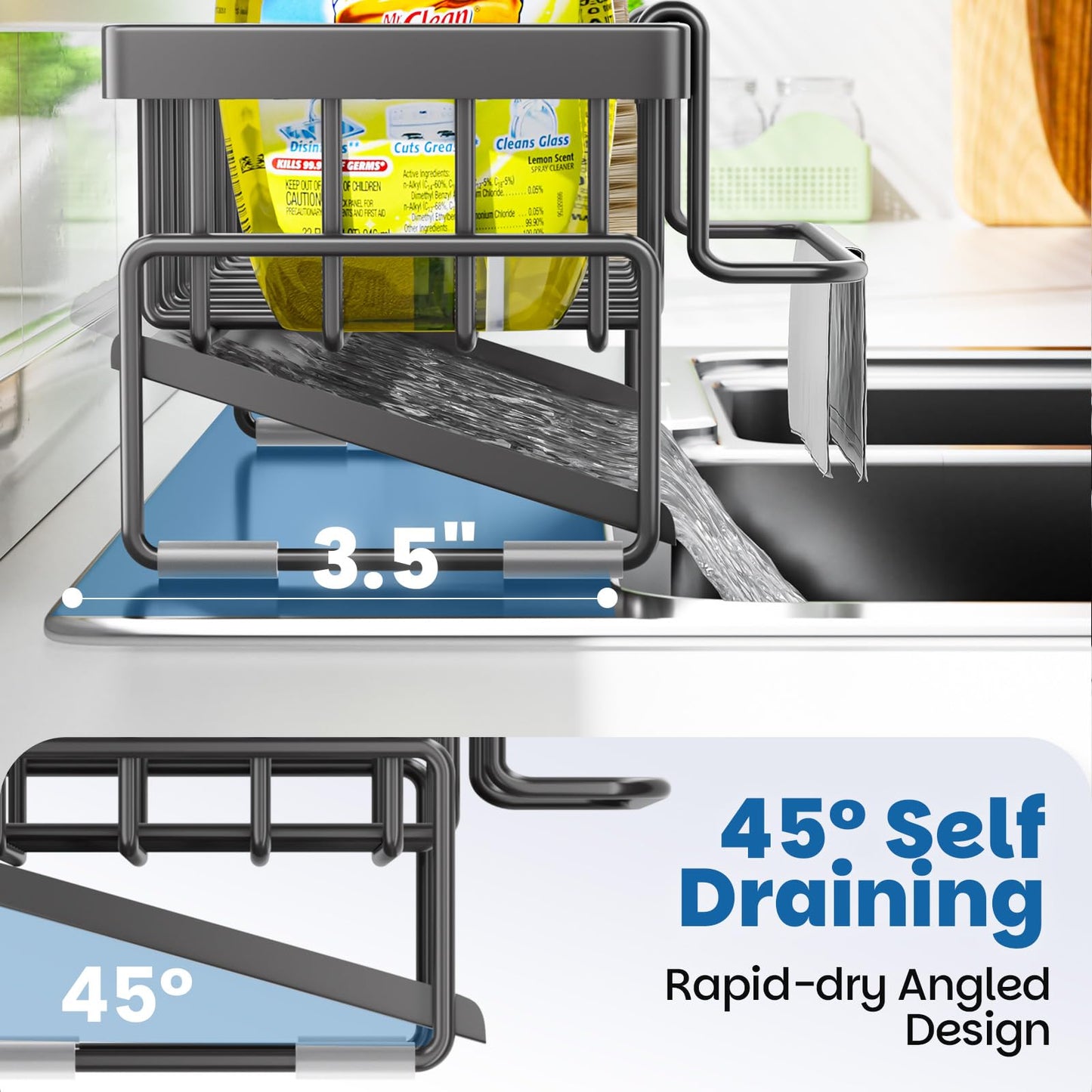 BREIS Kitchen Sink Caddy Organizer with Rag Holder,Self-Draining Sponge Holder for Countertop Soap Dispenser Organizers and Storage Essentials,Kitchen Decor and Accessories