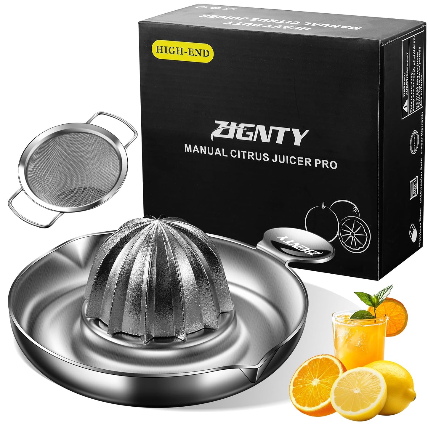 ZIGNTY Lemon Squeezer Stainless Steel, Heavy Duty Hand Manual Citrus Juicer, Premium Orange Lime Fruit Squeezer, Robust Reamer Rotation 2 Pour Spout 200ML Container, Dishwasher Safe（5-Year Warranty）