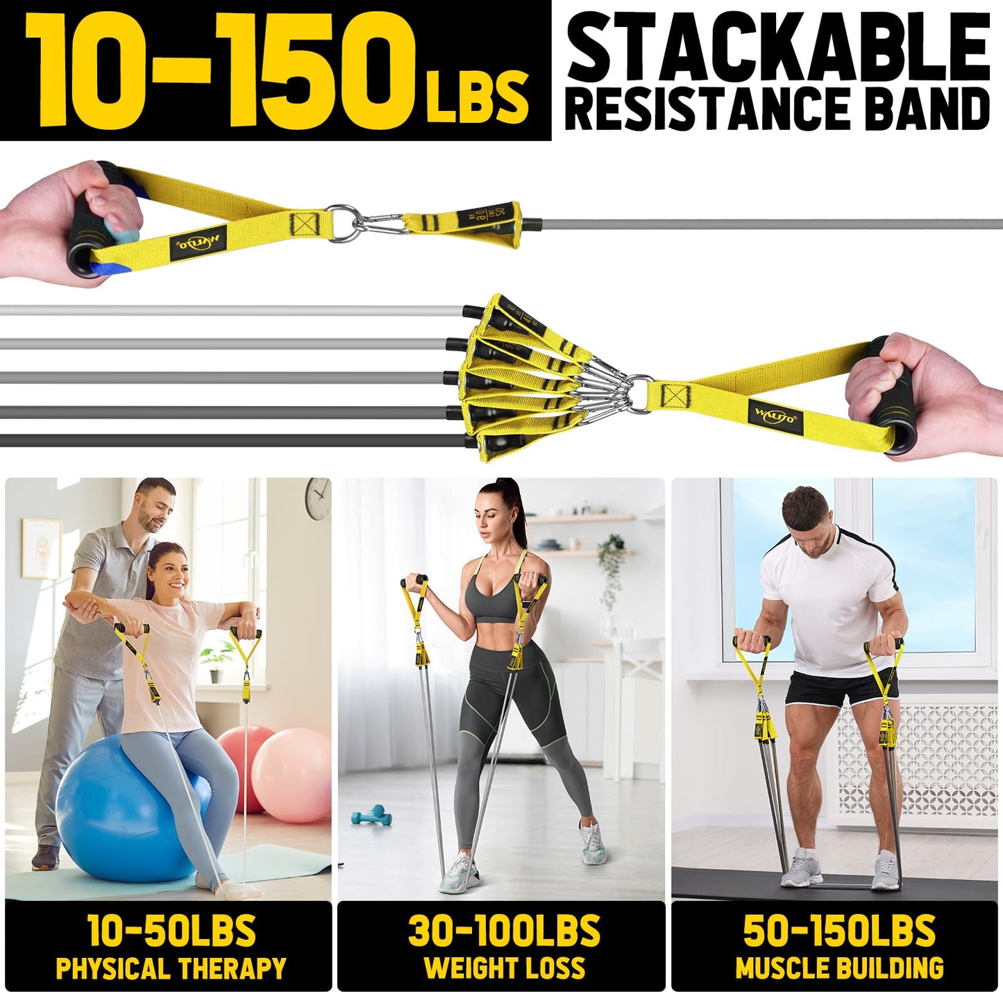 WALITO Resistance Bands Set - Exercise Bands with Handles, Door Anchor, Legs Ankle Straps, for Heavy Resistance Training, Physical Therapy, Muscle Training, Yoga, Home Workouts, Gym