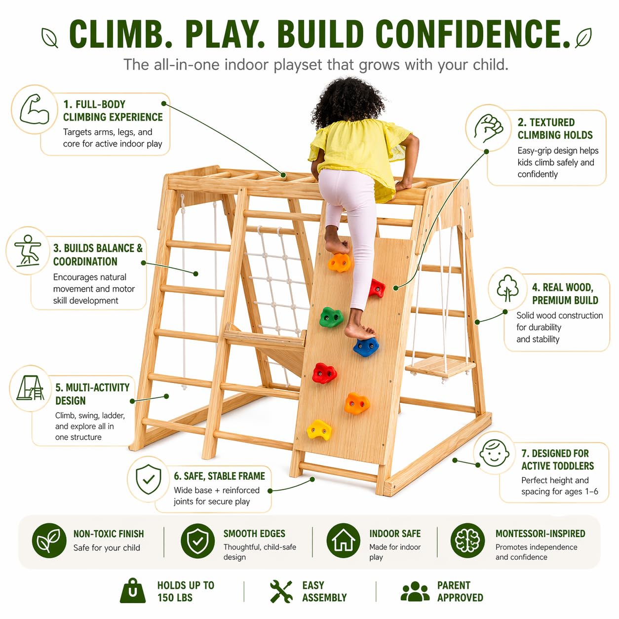 Avenlur Premium Wooden Indoor Climbing Gym for Kids – Montessori Playset with Climbing Wall, Ladder, Rope Net & Swing – Solid Natural Wood Toddler Playground, Ages 1–6