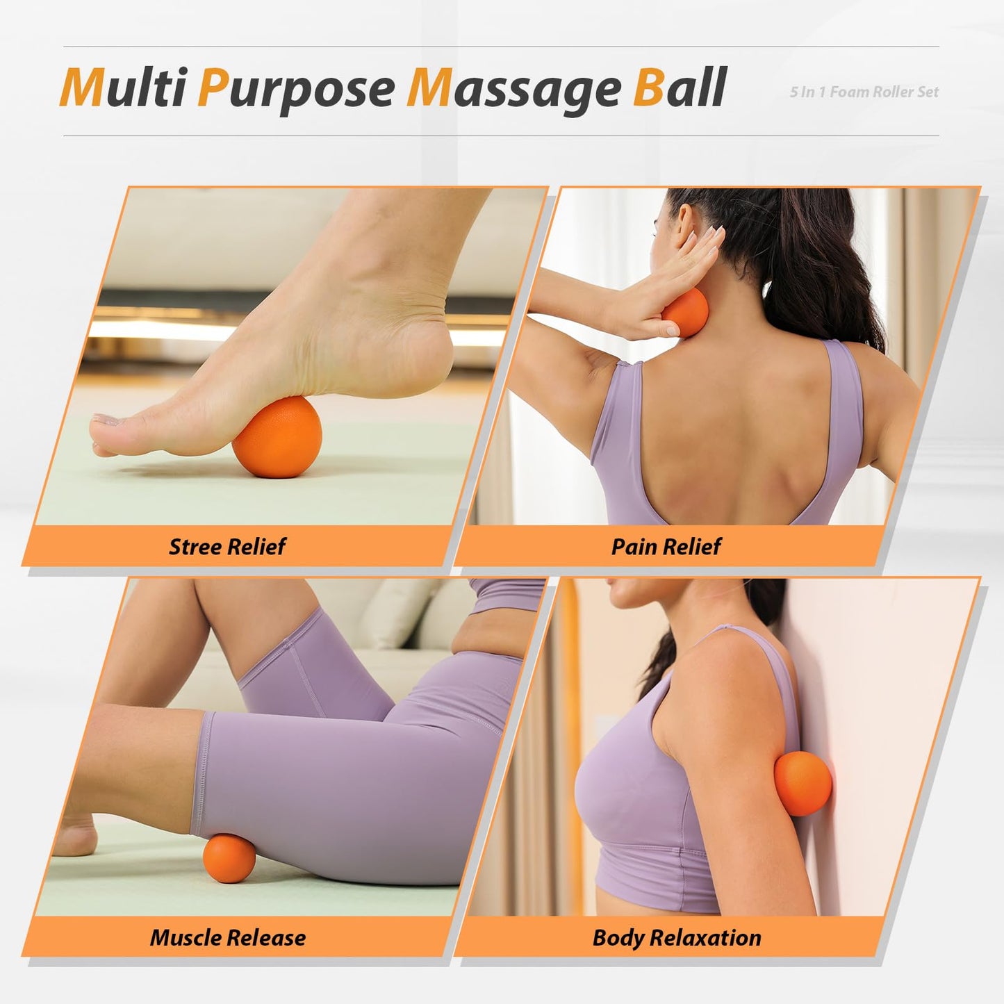 5 in1 Foam Roller Set, Trigger Point Foam Roller, Massage Roller Stick, Massage Ball, Resistance Band for Deep Muscle Massage Pilates Yoga,Fitness Exercise for Whole Body (Black-Red)