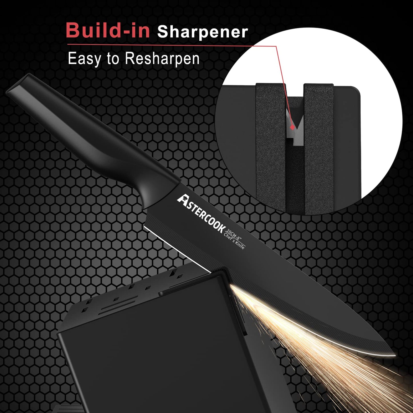Knife Set, Astercook 21 Pieces Knife Sets for Kitchen with Block, Dishwasher Safe Kitchen Knife Set with Built-in Sharpener, German Stainless Steel Black Knife Block Set Mothers Day Gifts