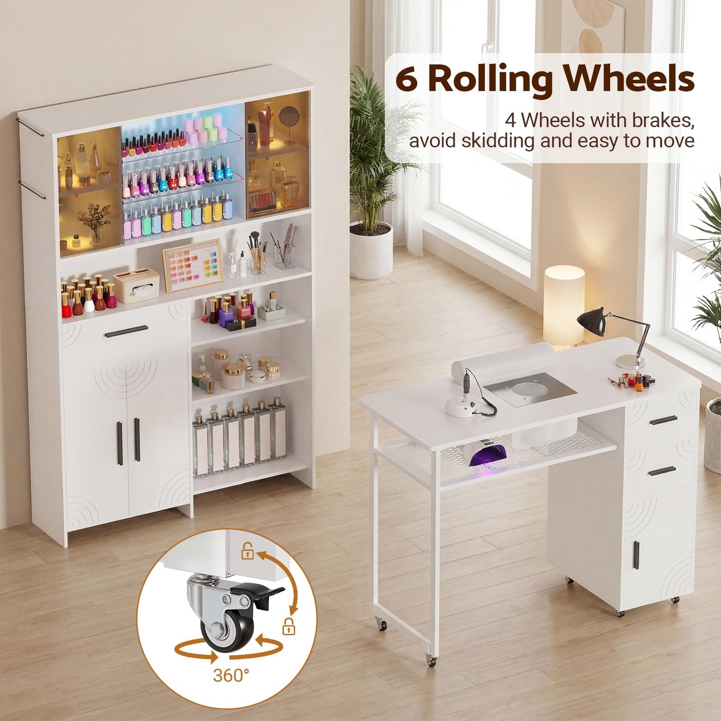 Oakvera Manicure Table with LED Display Cabinet, Mobile Nail Tech Desk Built-in Dust Collector, Nail Station with Double Tabletop, 3 Adjustable Shelves, Open Storage, Drawers & Cabinets, White
