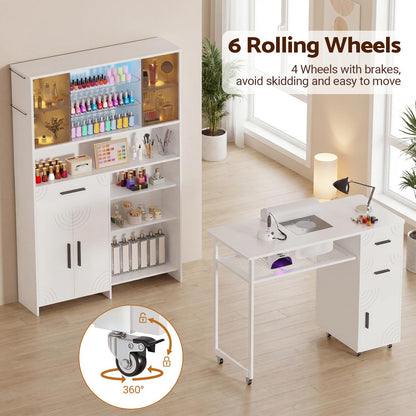 Oakvera Manicure Table with LED Display Cabinet, Mobile Nail Tech Desk Built-in Dust Collector, Nail Station with Double Tabletop, 3 Adjustable Shelves, Open Storage, Drawers & Cabinets, White