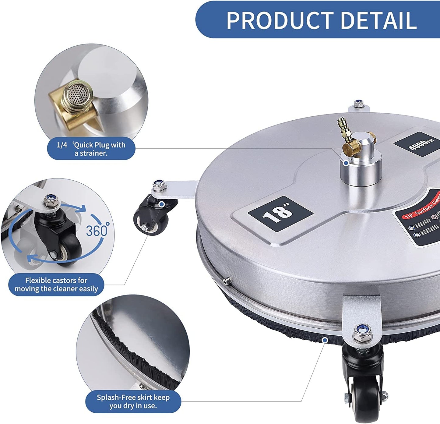 15" Pressure Washer Surface Cleaner with 4 Wheels, Stainless Steel Housing & 1/4" Quick Connector, Power Washer Attachment with 2 ExWands, 2 Replacement Nozzles, 4000 PSI (15inch)