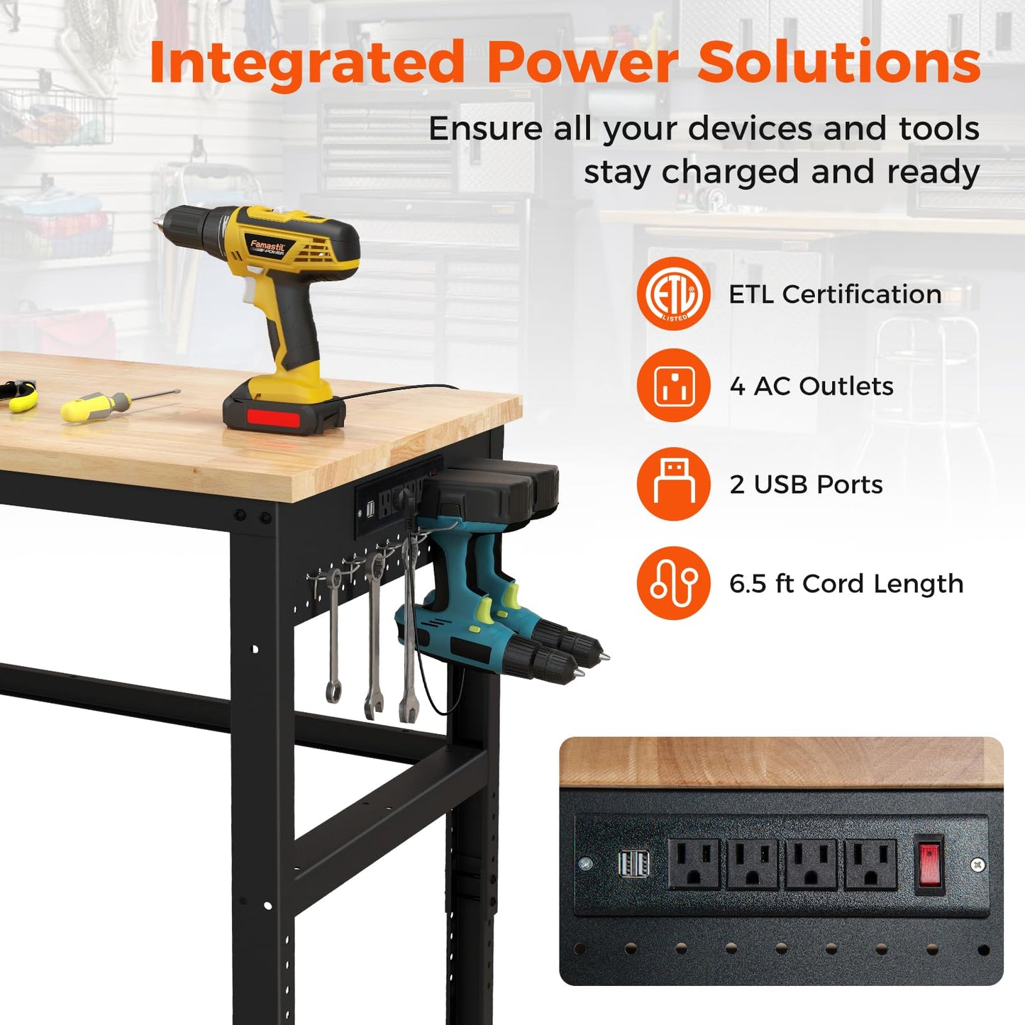 IRONMAX 48'' Adjustable Work Bench with Wheels, 1760 LBS Heavy Duty Oak Wood Table Top Workstation w/Power Strip & Foot Pad, 5 Different Height Hardwood Worktable for Workshop, Garage, Office, Home