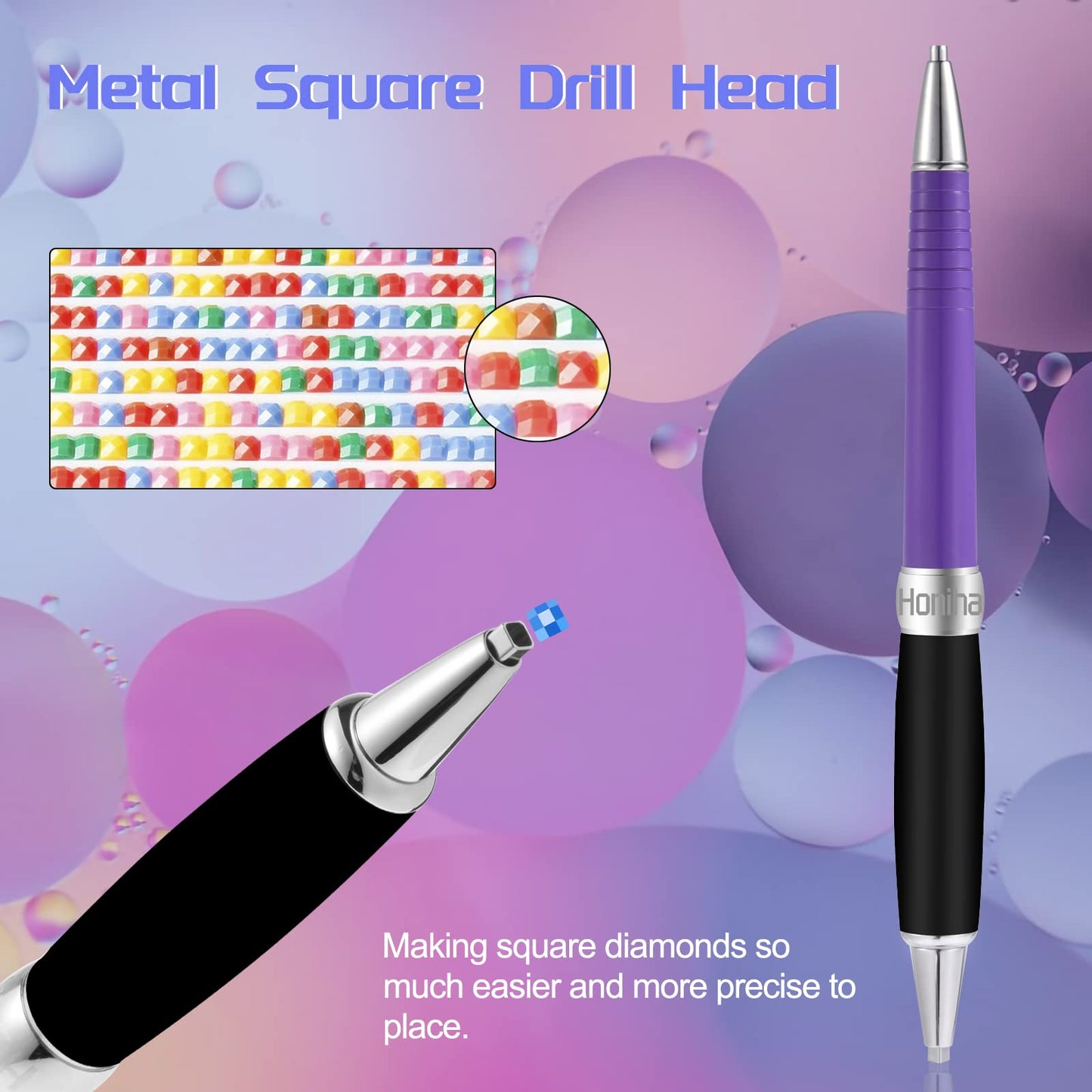 Square Diamond Art Painting Tools, Metal Drill Pens with Square and Round Drill Head Plus Multiplacer Tips, Comfort Grip 5D Diamond Art Painting Pen (Purple)