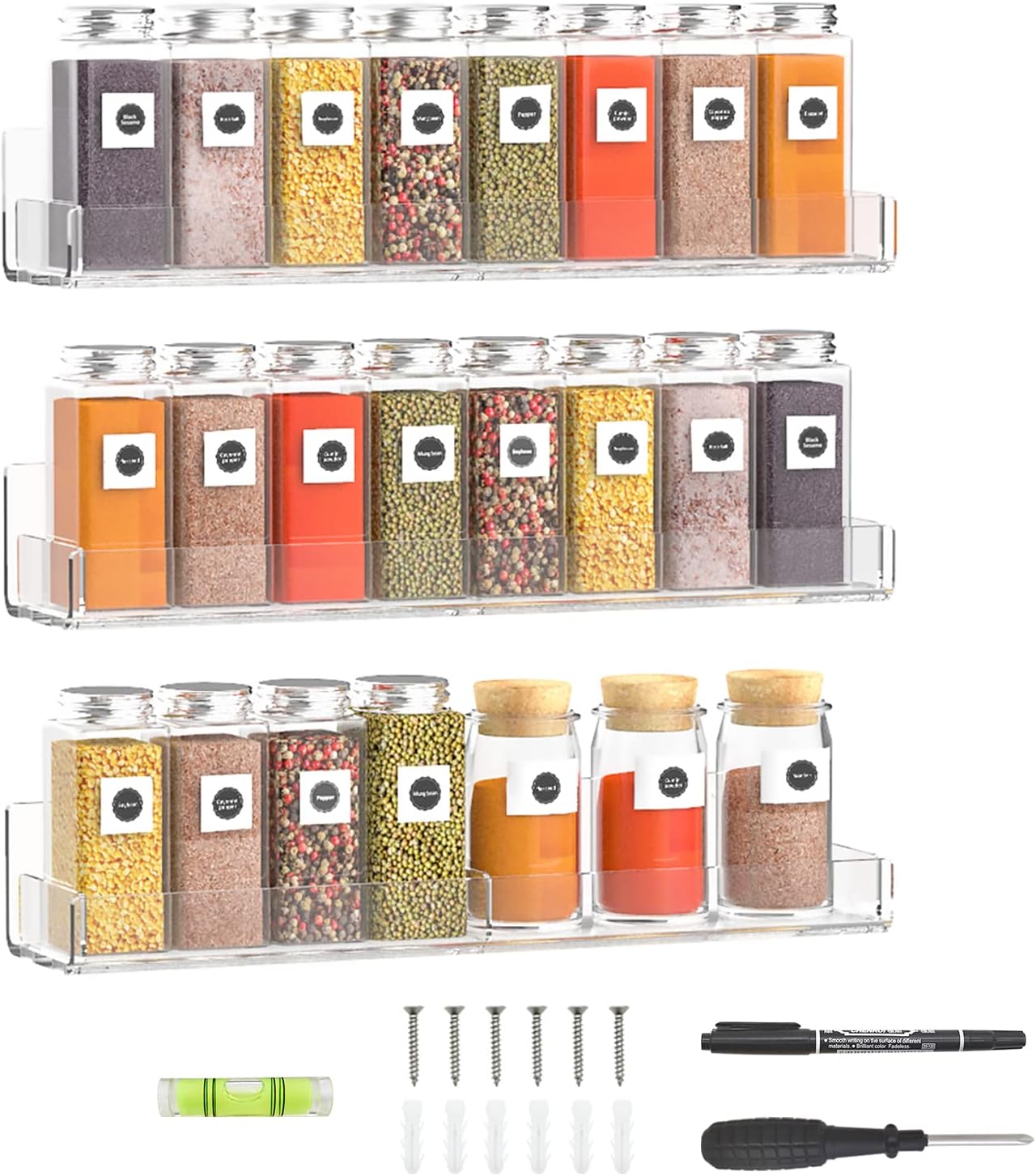 15 Inch Set 3, 3 Pack Sezanrpt Acrylic Spice Rack Wall Organizer of Clear Wall Shelf for Home Organizer, Bottle