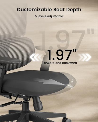 ProtoArc Ergonomic Office Chair – EC300 Adjustable Lumbar High Back Desk Chair, Sliding Seat, 3D Headrest, Wider Armrests, 4 Tilt Backrest Mesh Chairs for Home Office Long Hours Sitting - Black