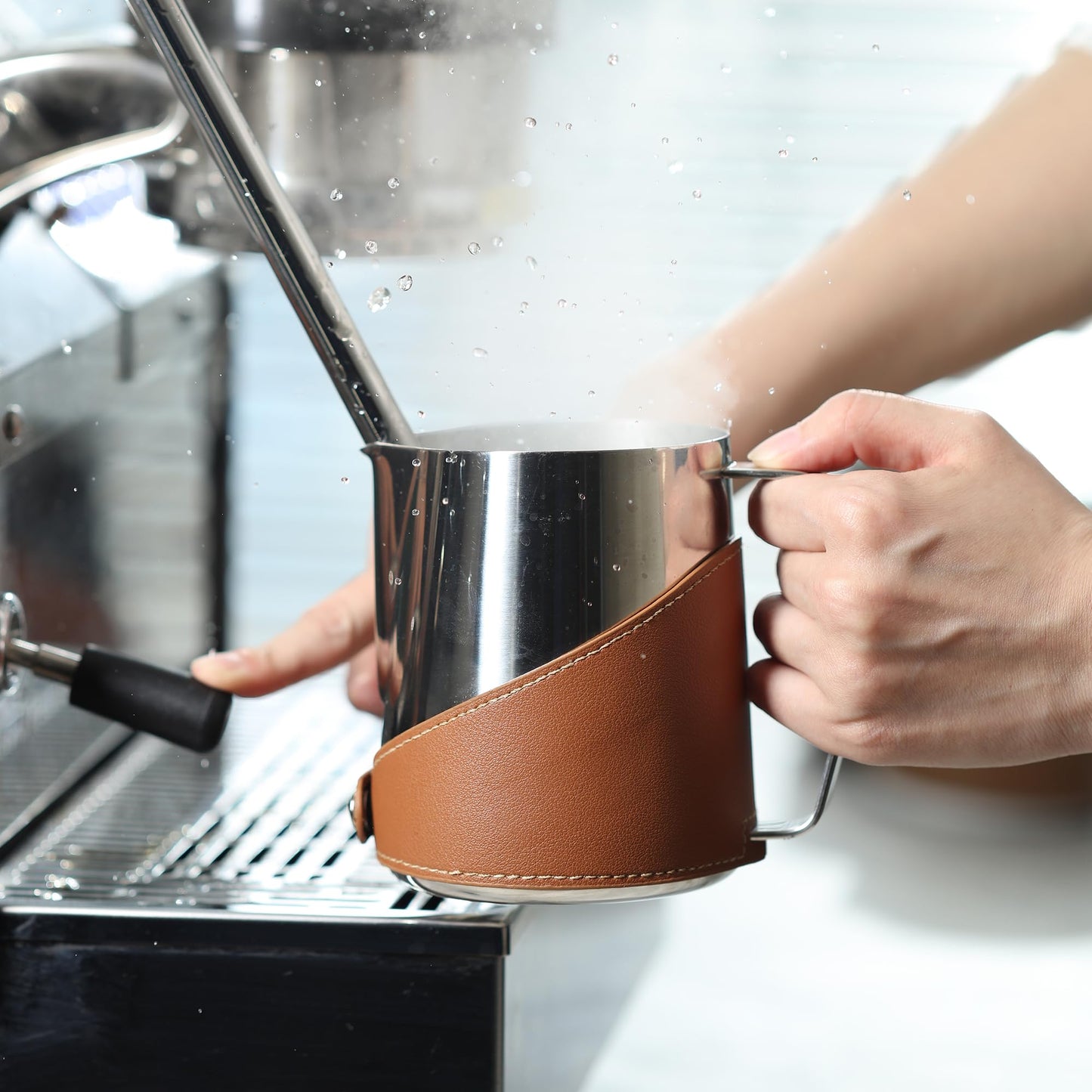 CUFEJORO Milk Frothing Pitcher 450ml/16oz 304 Stainless Steel Espresso Steaming Pitcher with PU Leather, Milk Frothing Jug,milk frother cup,Milk Jug Cup,Premium Barista Tools,Latte Art (Bright,16oz)