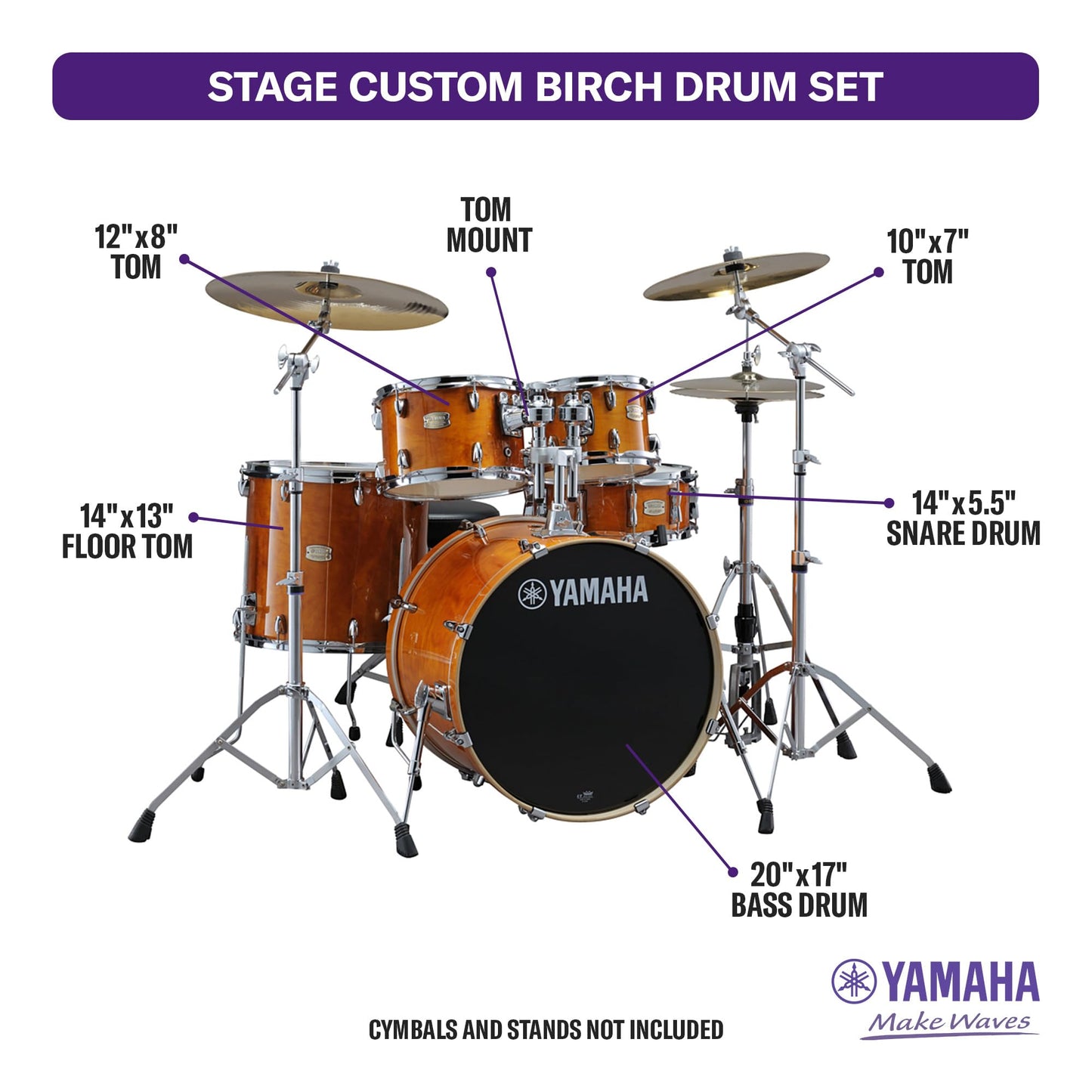 Yamaha Stage Custom Birch 5pc Drum Shell Pack With a 20 Kick Drum and 14” Snare Drum in Honey Amber For Students and Working Drummers (SBP0F50HA)