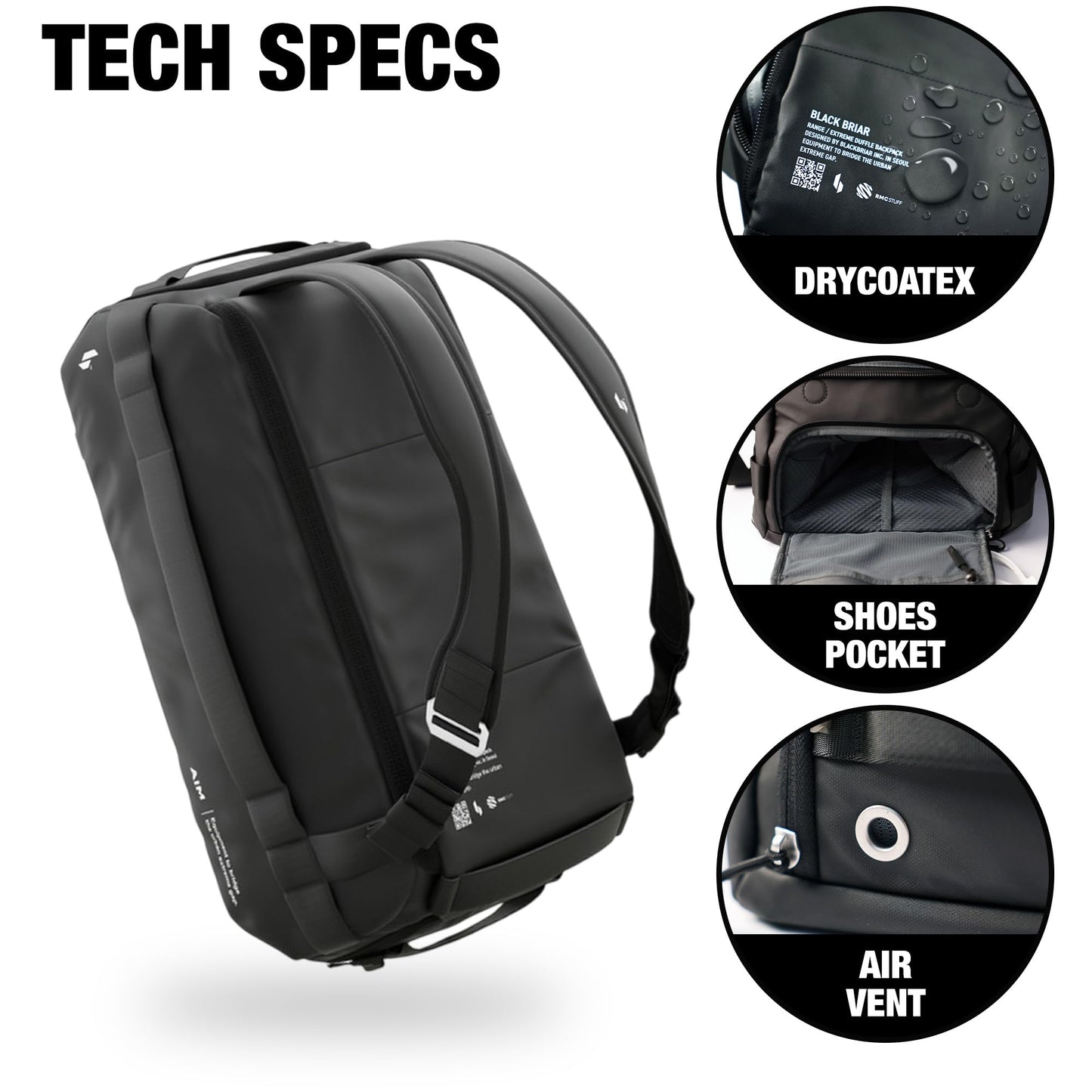 Blackbriar Range Duffel 40L Ash Black 2.0 Version, Convertible Backpack with Patented Magnetic Access, Modular S-Partition, Dual Shoe Garage | Waterproof Drycoatex™ for Tactical, Travel, Gym