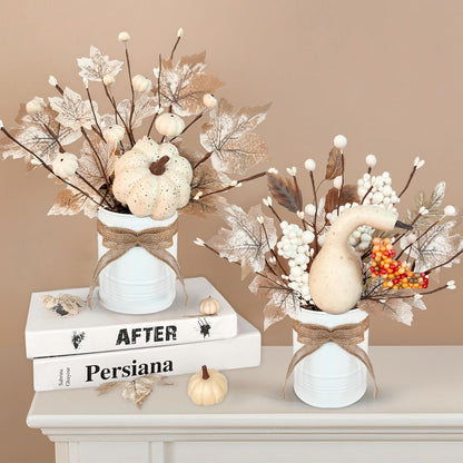2 Pack 12" Thanksgiving Decorations Thanksgiving Centerpieces for Dinner Table Potted White Maple Arrangement in Metal Pot White Pumpkin Berried Autumn Thanksgiving Table Decor for Home Kitchen Office