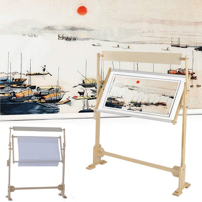 Embroidery Hoops Stand – 360° Adjustable Wooden Cross Stitch Frame, Needlework Floor Stand with Tool Box, Height & Width Adjustable